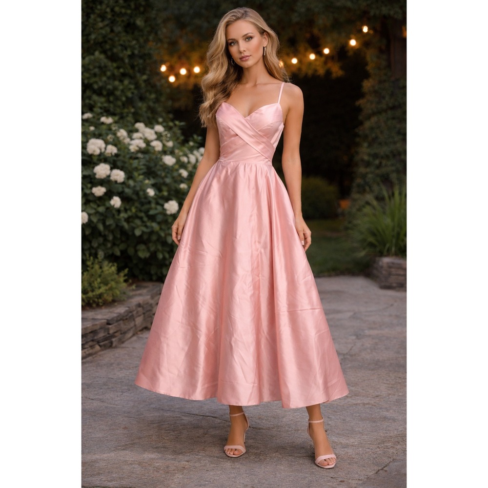 Hebeos Pink Satin Formal‎ Gown XL Bow Back High Slit Prom Dress Evening Gown